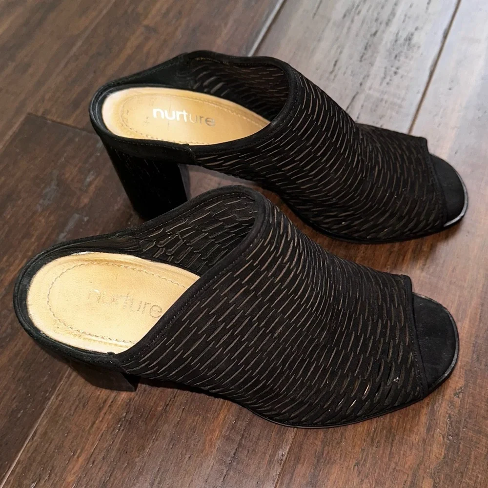 Nurture by Lamaze Wrenna Black Leather Mule Block Heel Cutout Peep Toe  Size 6